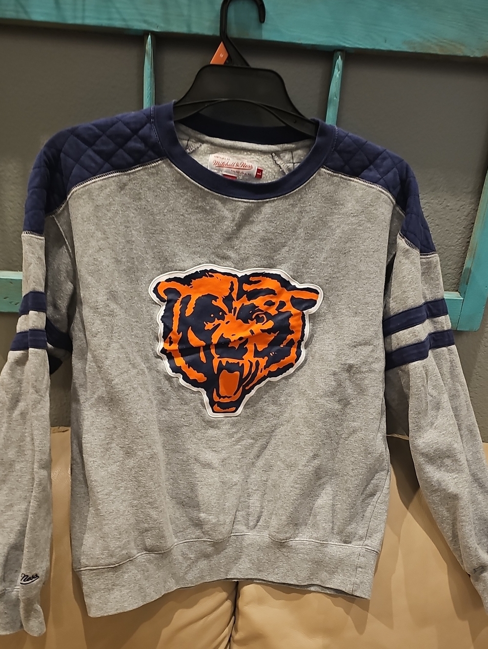 Mitchell & Ness Gray and Navy Chicago Bears Crewneck with Orange Logo